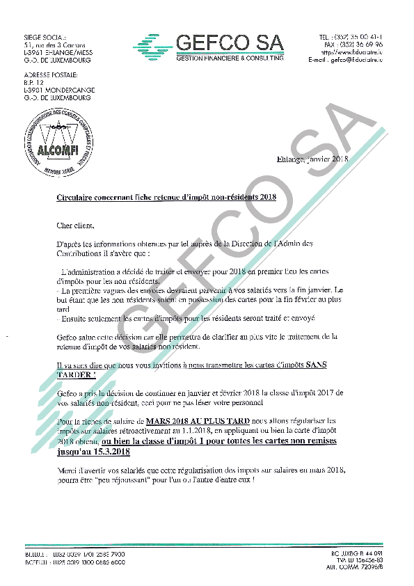 Circulaire Gefco retenue d'impot non-residents 2018